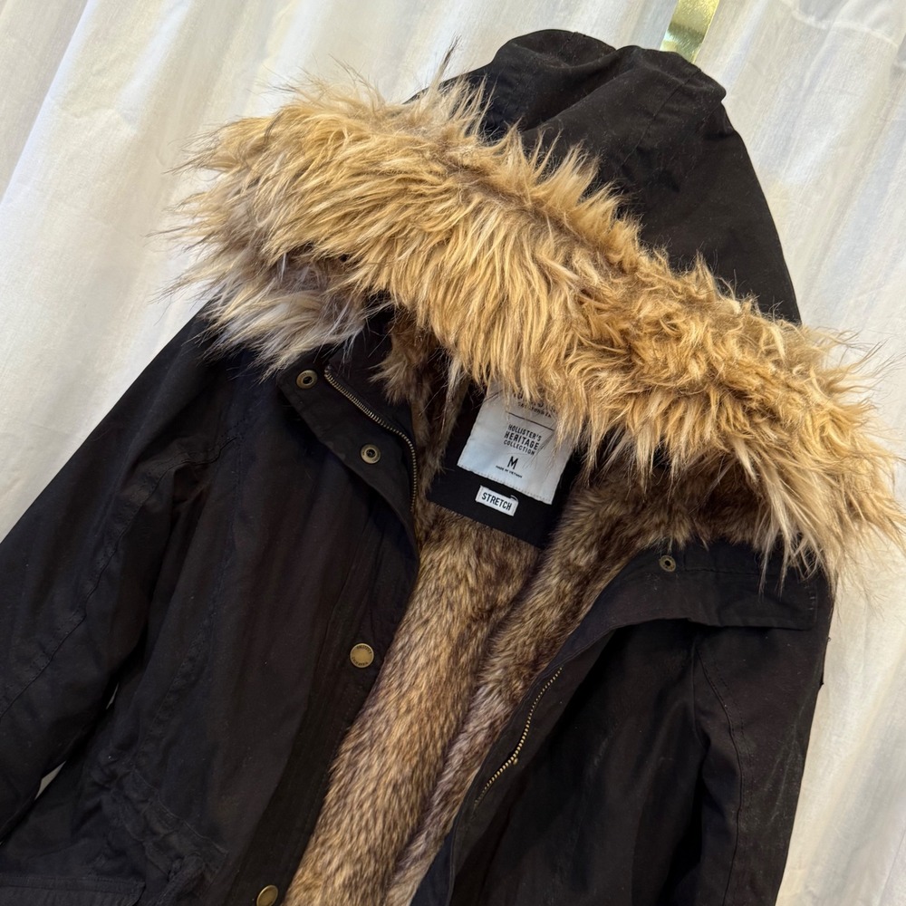 Hollister Heritage Women's Black Y2K Style Fur Lined Hooded Parka Jacket Size M - Picture 8 of 9